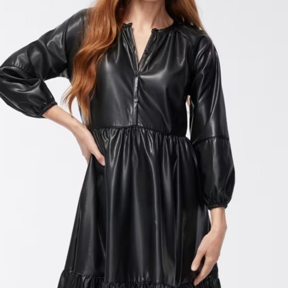 CHICO’S FAUX LEATHER MIDI TIERED DRESS WITH SLEEVES - Picture 4 of 16